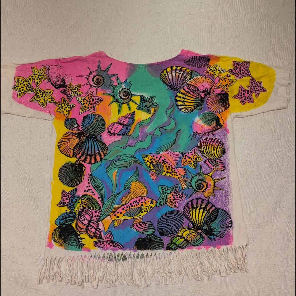 Vintage 90s Tropical Fish Coral AOP All Over Print Shirt Colorful Maximalist Fun - Picture 4 of 11